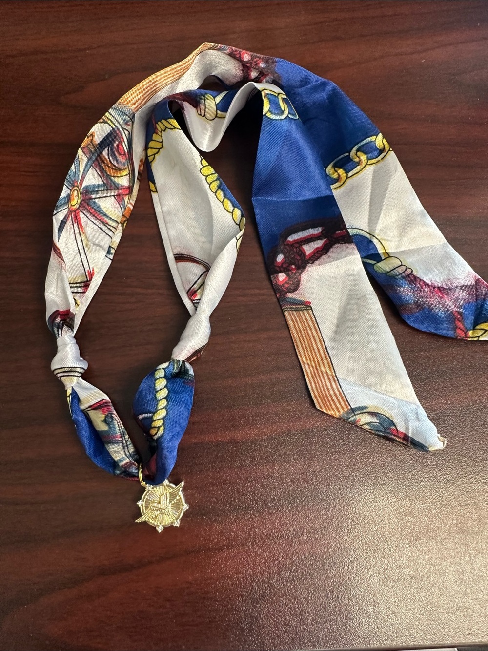 Navy and Cream Print Scarf Necklace with Gold Charm